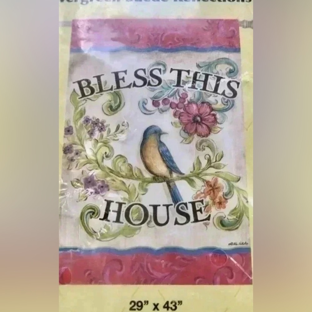 House Porch Flag Bless This House, glorious blessings blue bird on branch- 29x43
